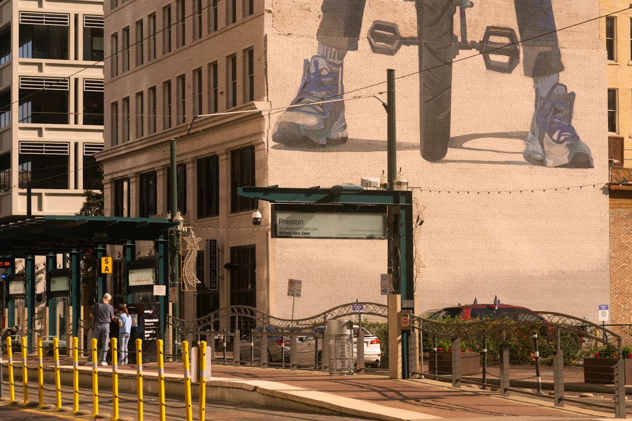 A view of street art and urban architecture at a transit area in downtown Houston, Texas.